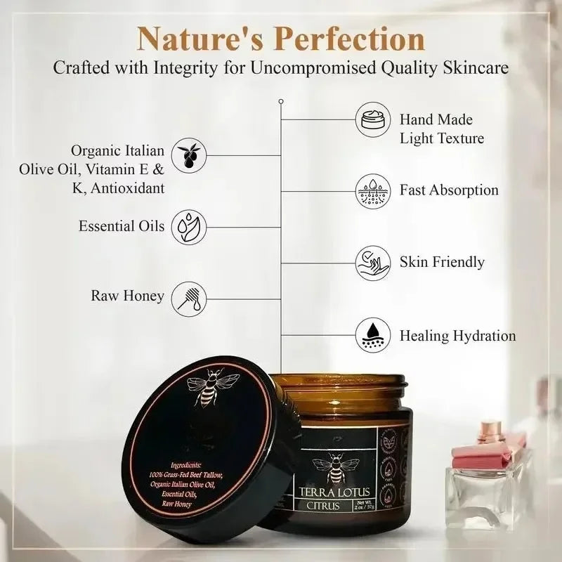 Organic Grass Fed Beef With Raw Honey Moisturizing Cream For Soft Smooth Skin Handmade All-Natural Moisturizer Skin
